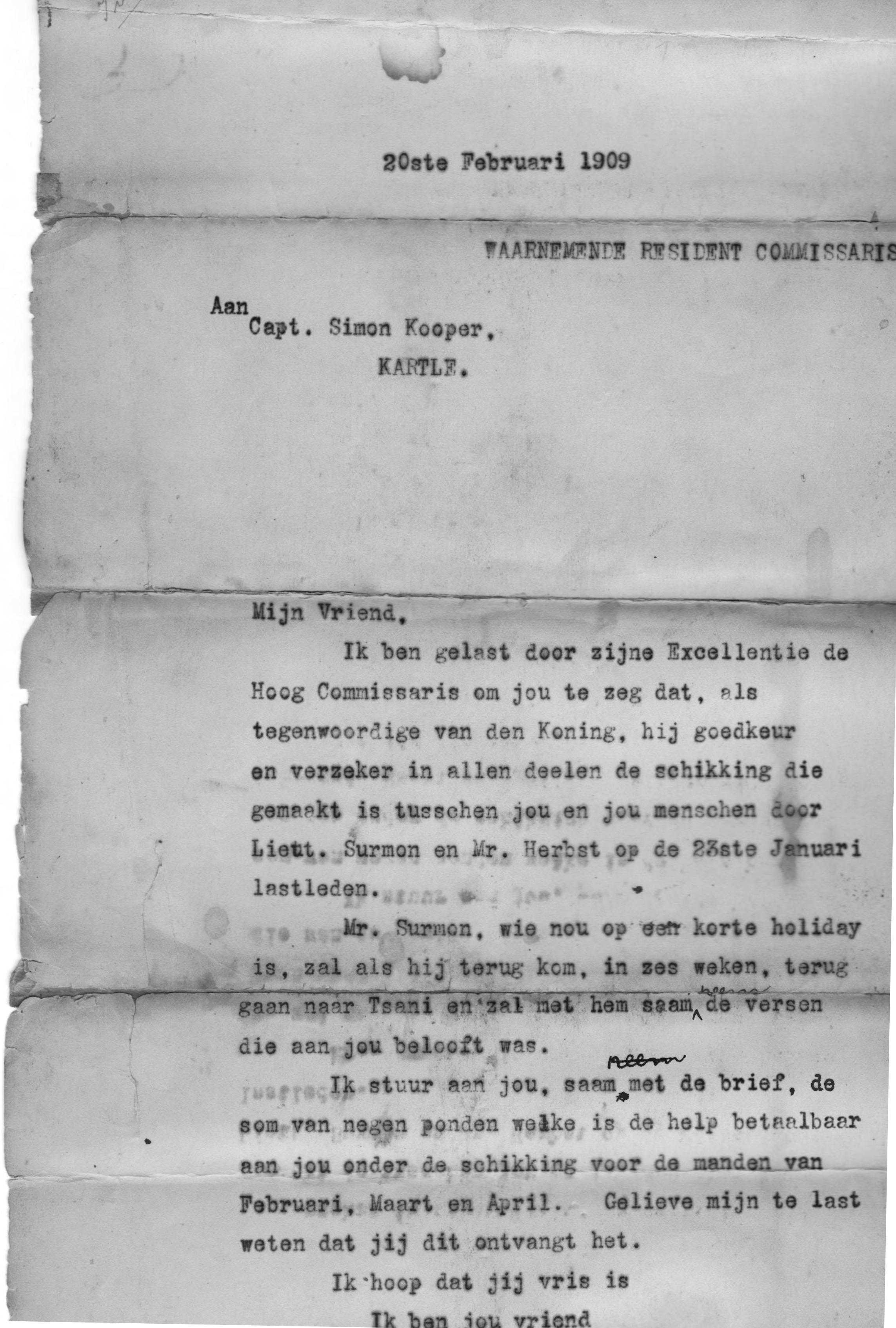 1909 contract with Simon Kooper
